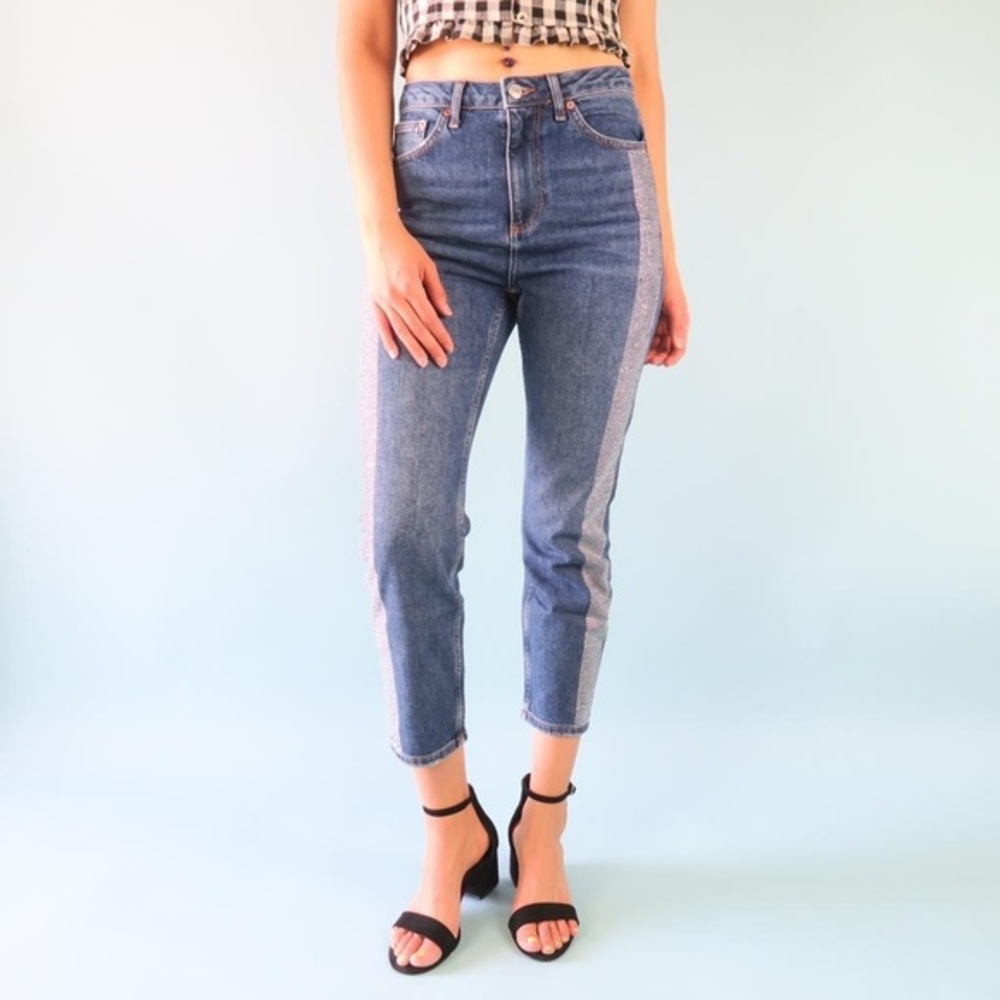 Topshop Diamante Stripe Straight Leg High Rise Jeans In Mid Blue Denim